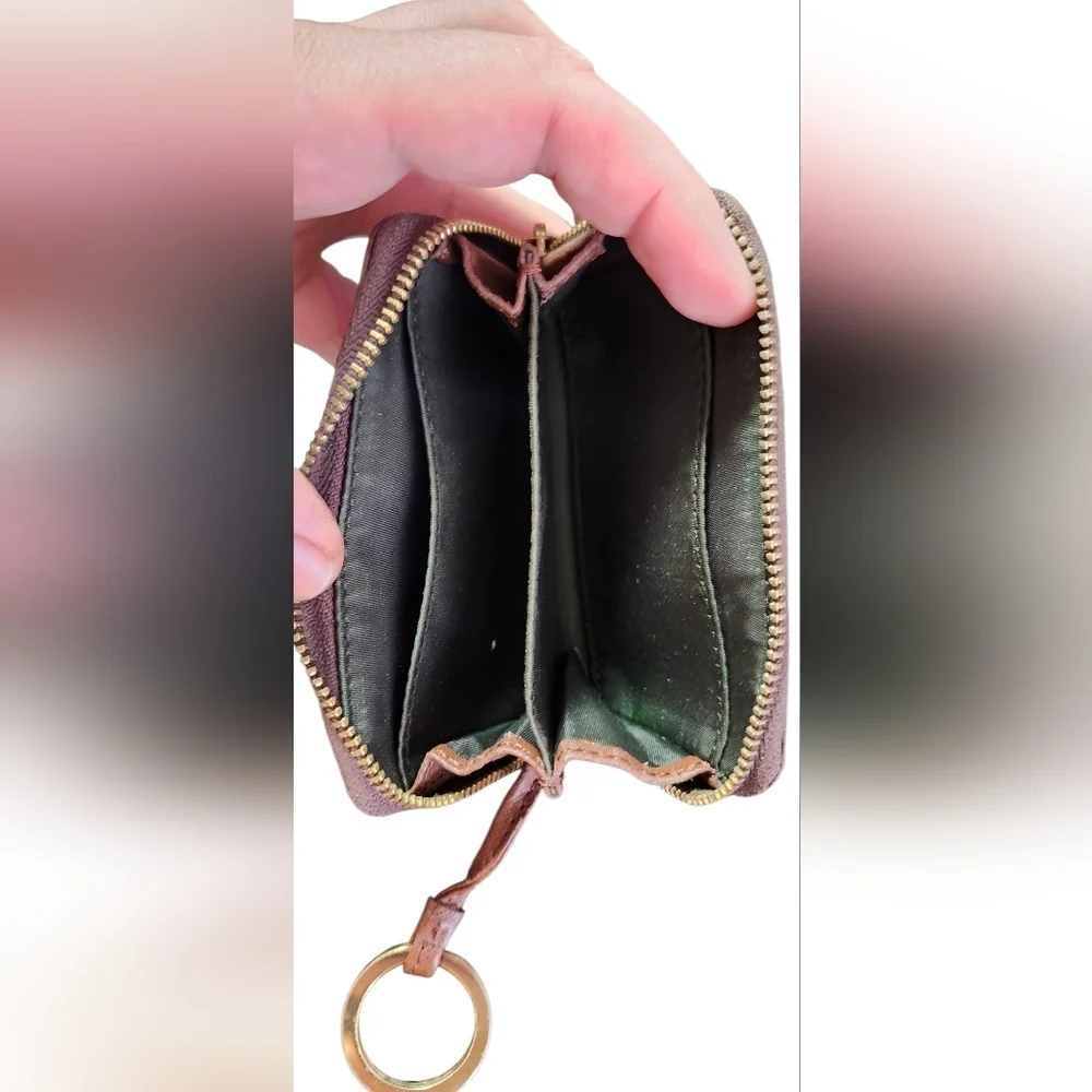 Tory Burch Brown Saffiano Leather Zip Coin Purse Wallet Key Ring Logo Compact